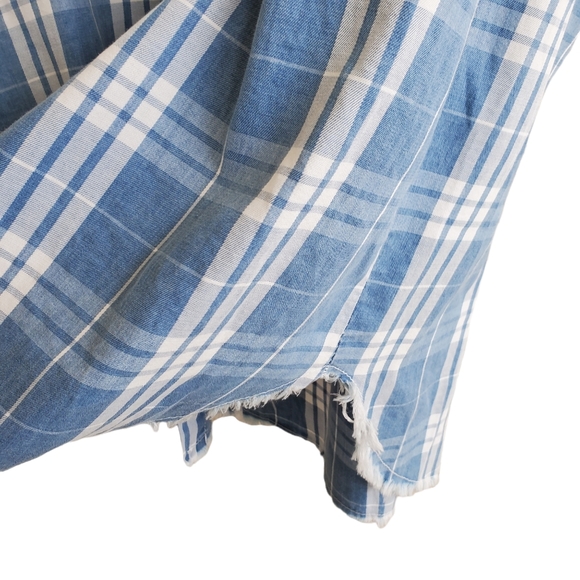 Venti6 Plaid White Blue Tunic Dress Button Up Chunky Collar Raw Hem Size Small - Picture 2 of 10